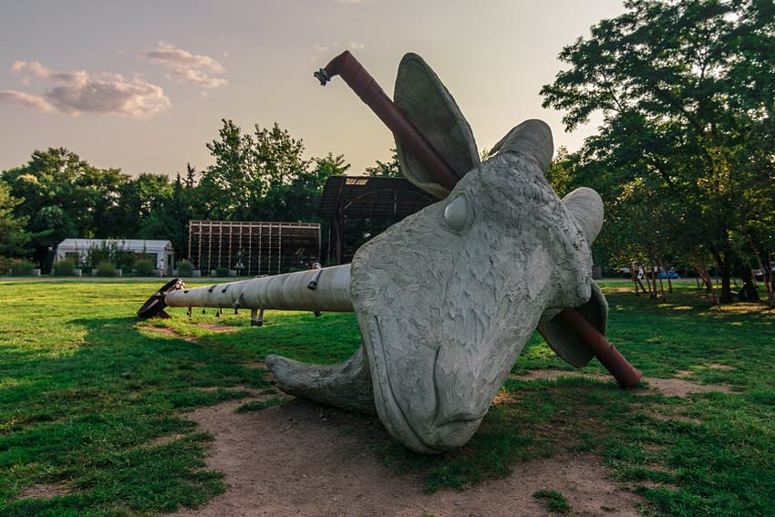 Goat head sculpture of Nari Ward in Socrates Sculpture Park in New York City.